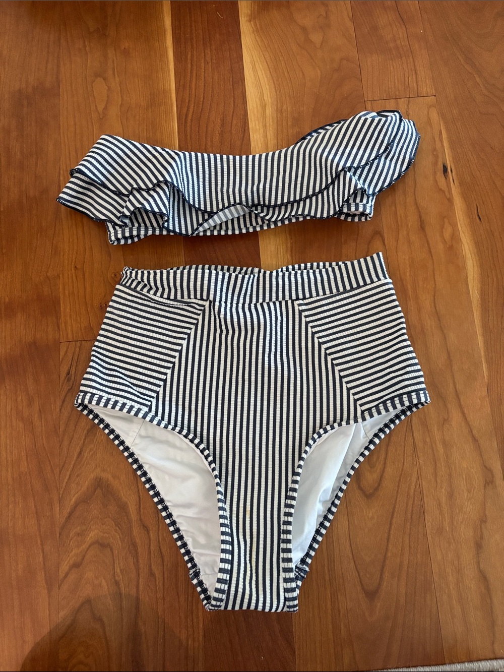 Striped Navy and White High-Waist Bikini Set
